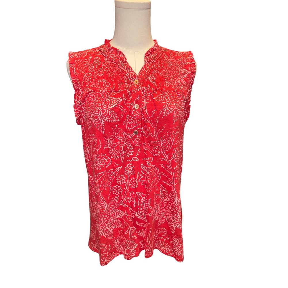 Wonderly Womens Red White Floral Paisley Smocked Sleeveless Knit‎ Top Small NWT
